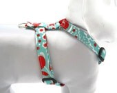 Small dog harness...Aqua,red and white paisley/floral print...