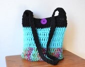 Black, Blue and Rainbow Crochet Hobo Bag, Sling Bag, Bright, Colorful, Hippie Purse, Tote Bag