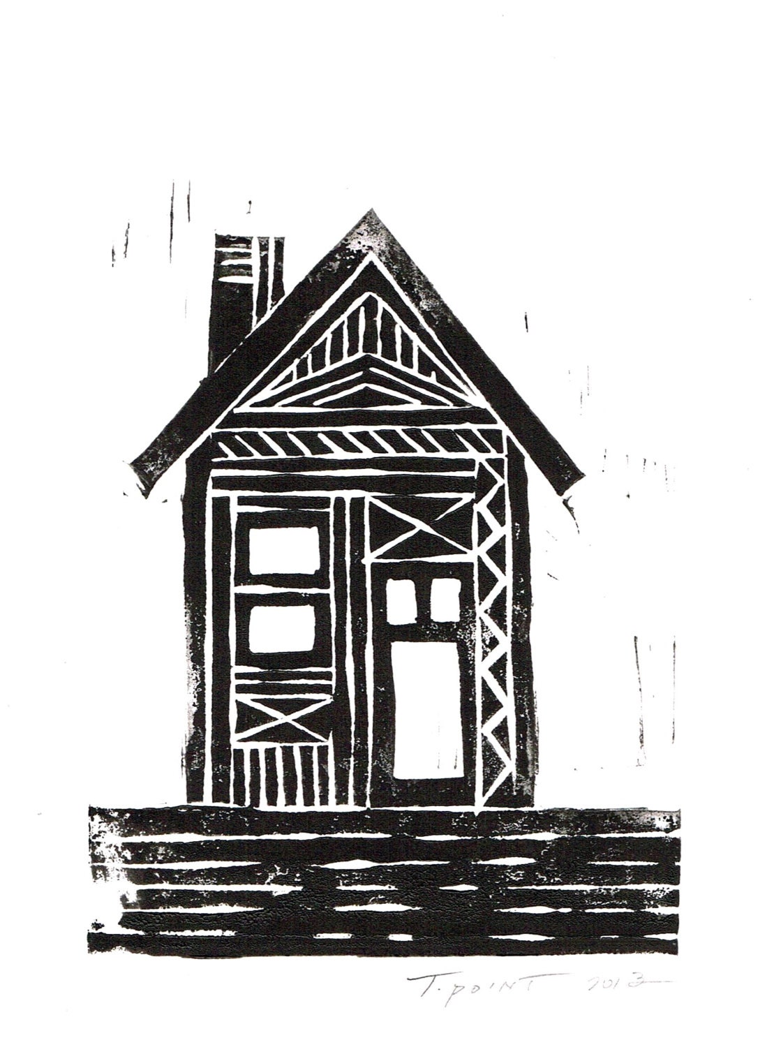 Abstract Tribal Cottage / House Illustration Art Block Print 4 x 6 Home Decor / Black, Gold, Sea Green, Navy / Hand Pulled Linocut / Gift