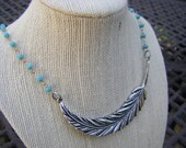 Large Plume Feather Necklace turquoise glass beads wrapped chain boho vintage 1920 inspired