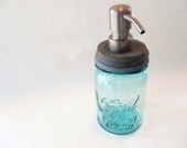 Vintage Blue Mason Jar Soap or Lotion Dispenser with Zinc Lid - Pint Size - Bird Head Pump