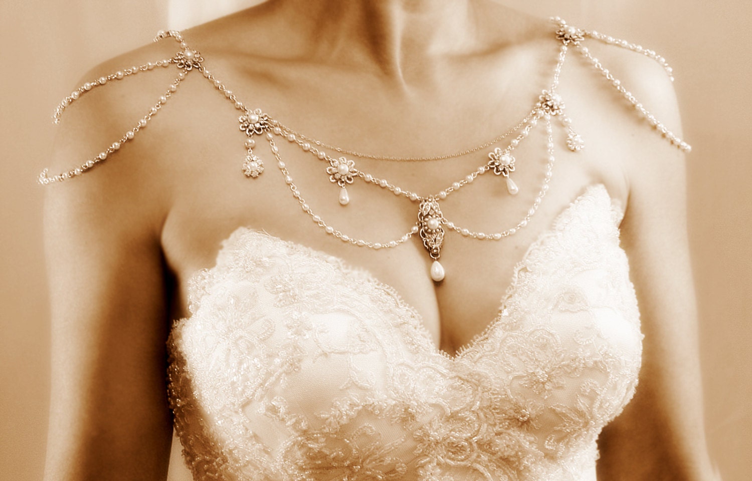 Necklace For The Shoulders,1920's,Pearls,Rhinestone,Silver,OOAK Bridal Wedding Jewelry,Victorian,Made By Efrat Davidsohn
