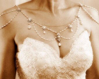 Necklace For The Shoulders,1920's,Pearls,Rhinestone,Silver,OOAK Bridal Wedding Jewelry,Victorian,Made By Efrat Davidsohn