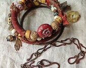 Gypsy rustic  bangle bracelet set in orange, red and gold with silk, yellow opal and copper
