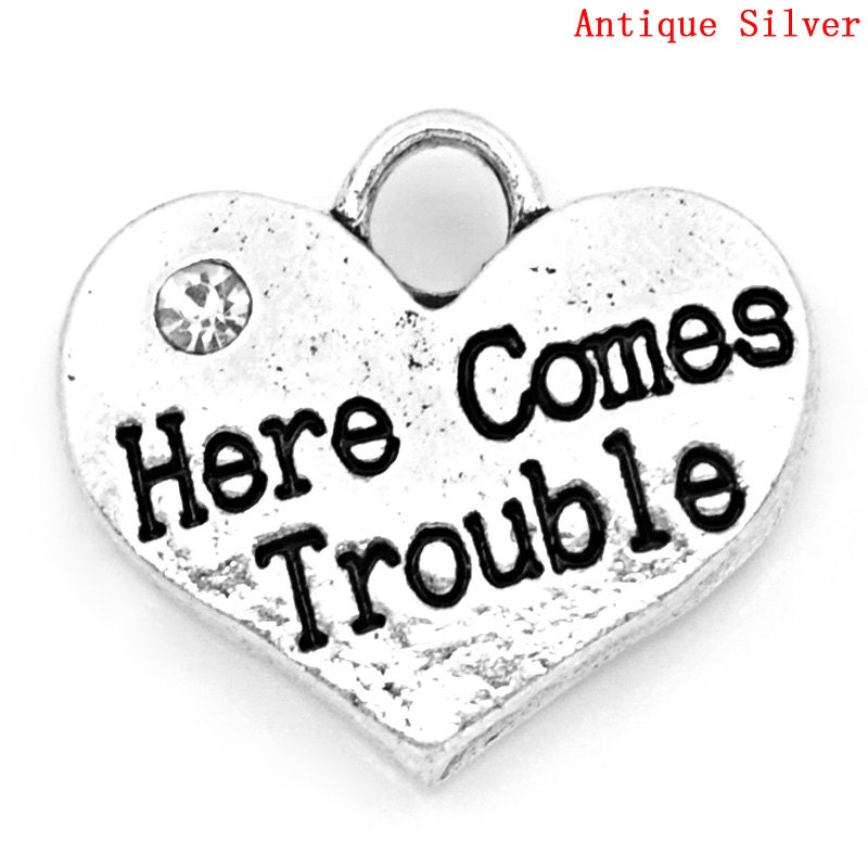 Here Comes Trouble Heart with Clear Rhinestone Antique Silver Charm Pendant 16x14mm  5pcs- Ships Immediately from California - SC665