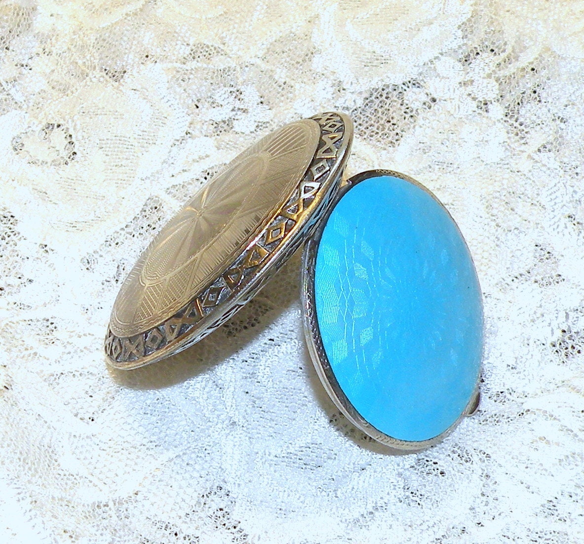 Vintage Compact  Blue Guilloche Art Deco Rouge Makeup Compact Mirror Compact