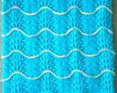 NEW Handmade TURQUOISE BLUE Knit Crochet Baby Afghan Blanket Throw Newborn Infant Wave Trim