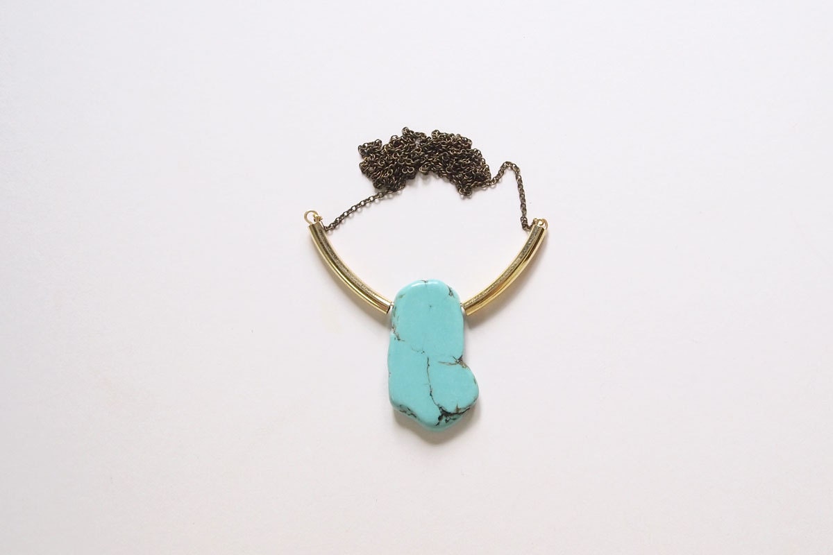 NEW Turquoise Necklace : Raw Turquoise Magnesite Slab on Curve Necklace