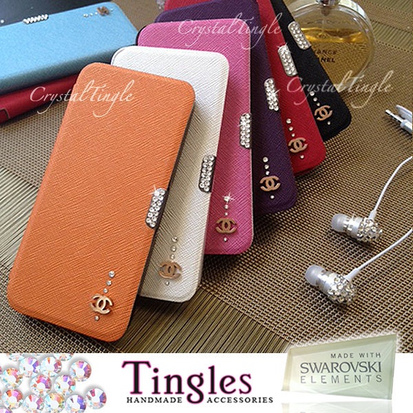 Custom iPhone 5 Luxury Designer Inspired Purple Red Blue Black Leather Case Diamond Rim Back Made with Swarovski Crystal Diamond