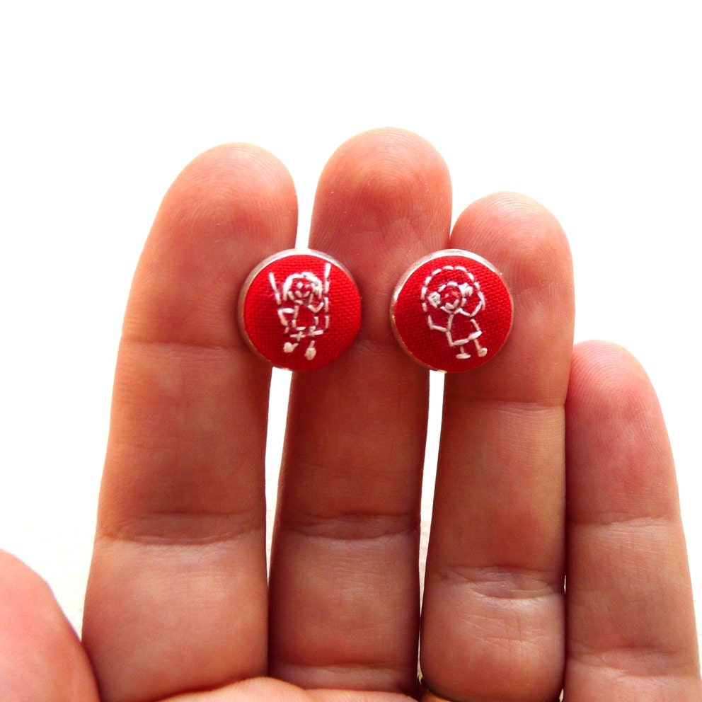 Red stud earrings with hand embroidered skipping girl and swinging girl