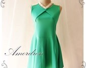 SALE Dark Mint Green Party Dress Lady Shoulder Pearl Stud Swing Dress Prom Party Wedding Dancing Mini Dress or Tunic - XS-S-