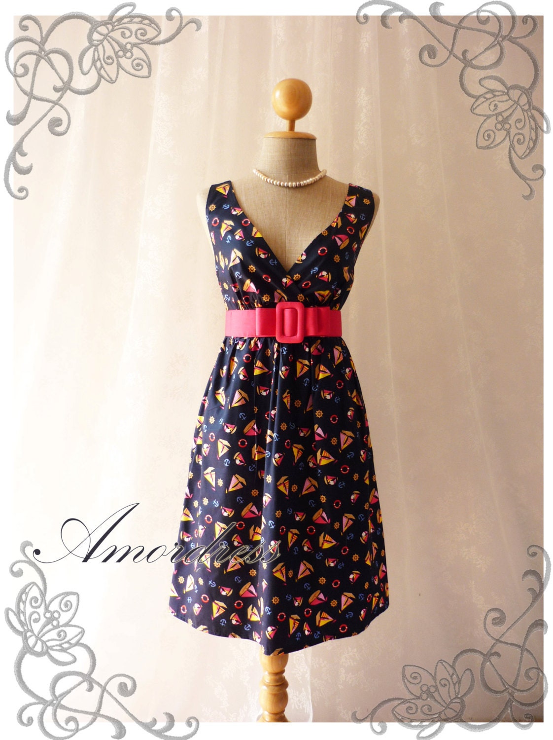 Nautical Lady - Spring Summer Dress Navy Vintage Inspired Retro Chic Party Concert Holiday or Everyday Dress -Size S-M-