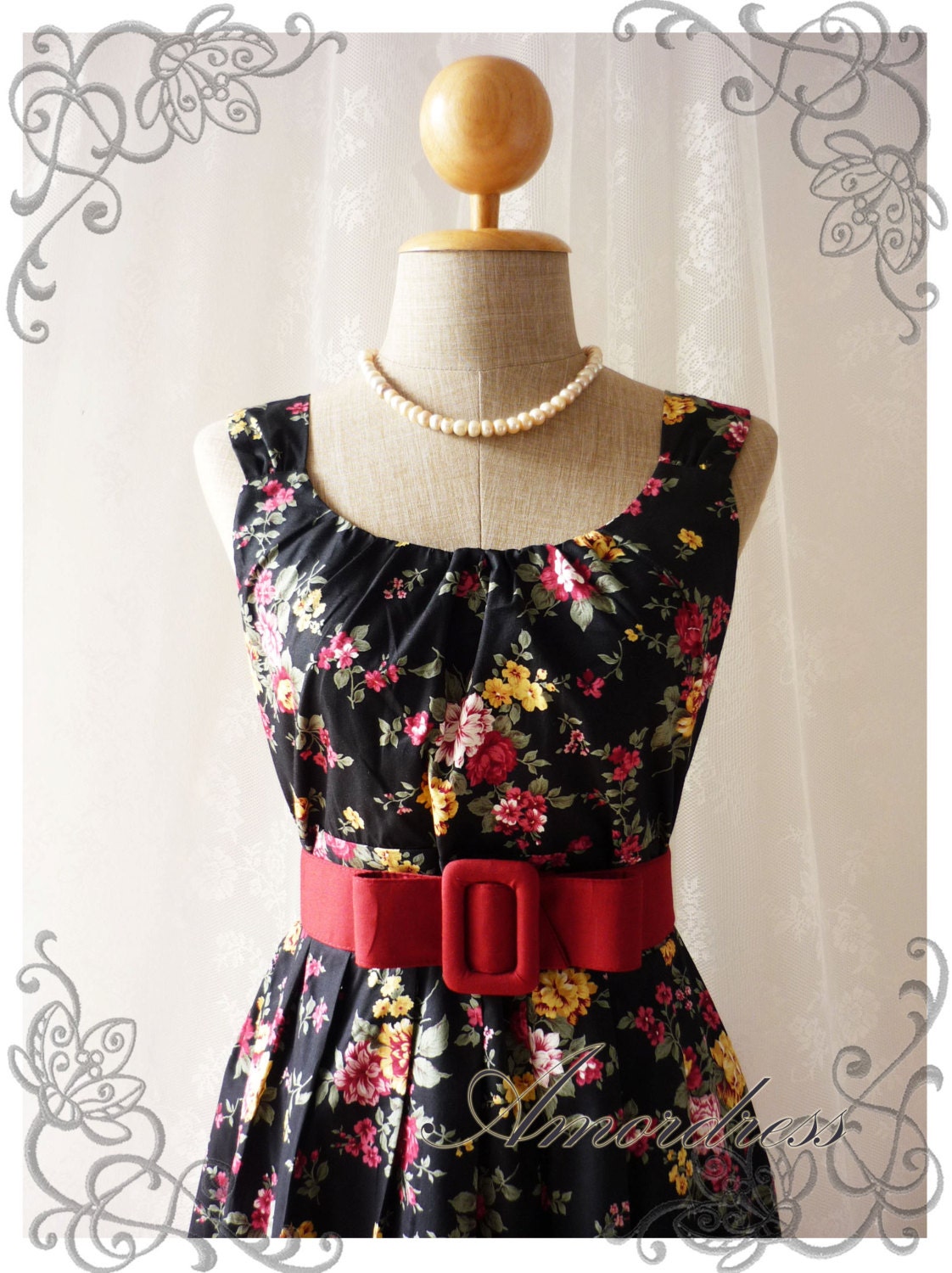 Blooming - Exotic Floral Dress Black Dress with Red Yellow Floral Summer Perfection Tea Dress Party Garden Wedding Cocktail Dress -S-M-