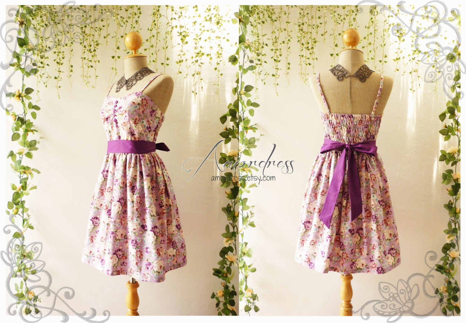 My Victorian Dress Vintage Inspired Rose Dress Exotic Purple Floral Party Bridesmaid Tea Dress Wedding Prom Cocktail Dress -XS,S,M,L,CUSTOM-