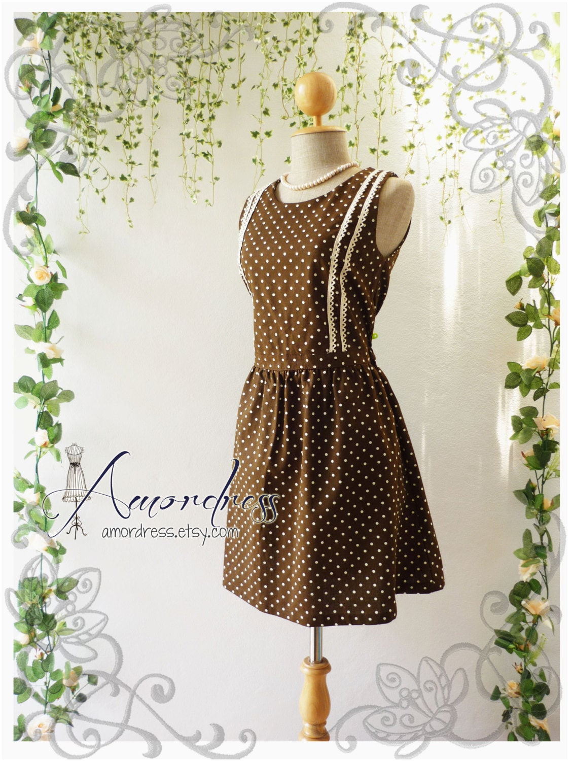 Brown Polka Dot Dress Sleeveless Tea Party Garden Cocktail Dress Timeless Vintage Inspired Wedding Party Dress -Size S-M-