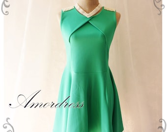 SALE Dark Mint Green Party Dress Lady Shoulder Pearl Stud Swing Dress Prom Party Wedding Dancing Mini Dress or Tunic - XS-S-