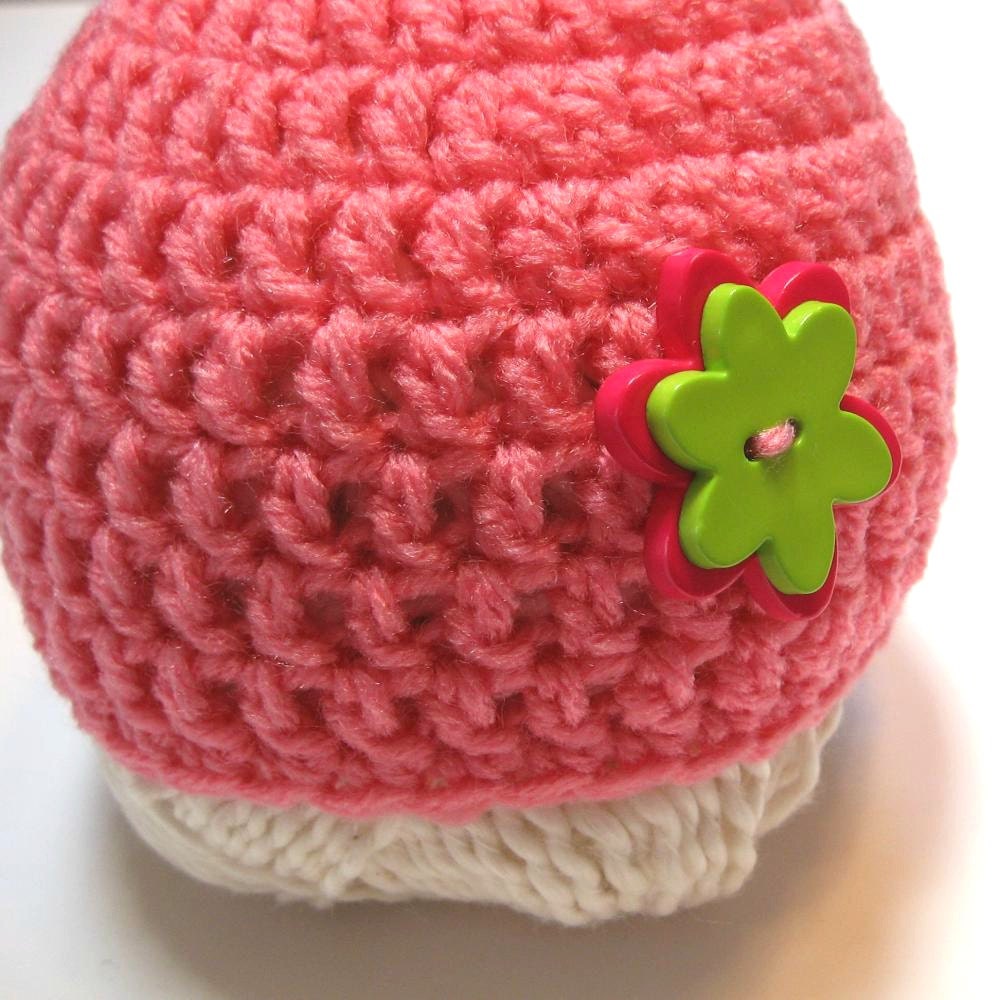 Pink and green newborn baby girl hat.  Beanie.  Ready to ship.  Flower buttons.  Photography prop or baby shower gift.