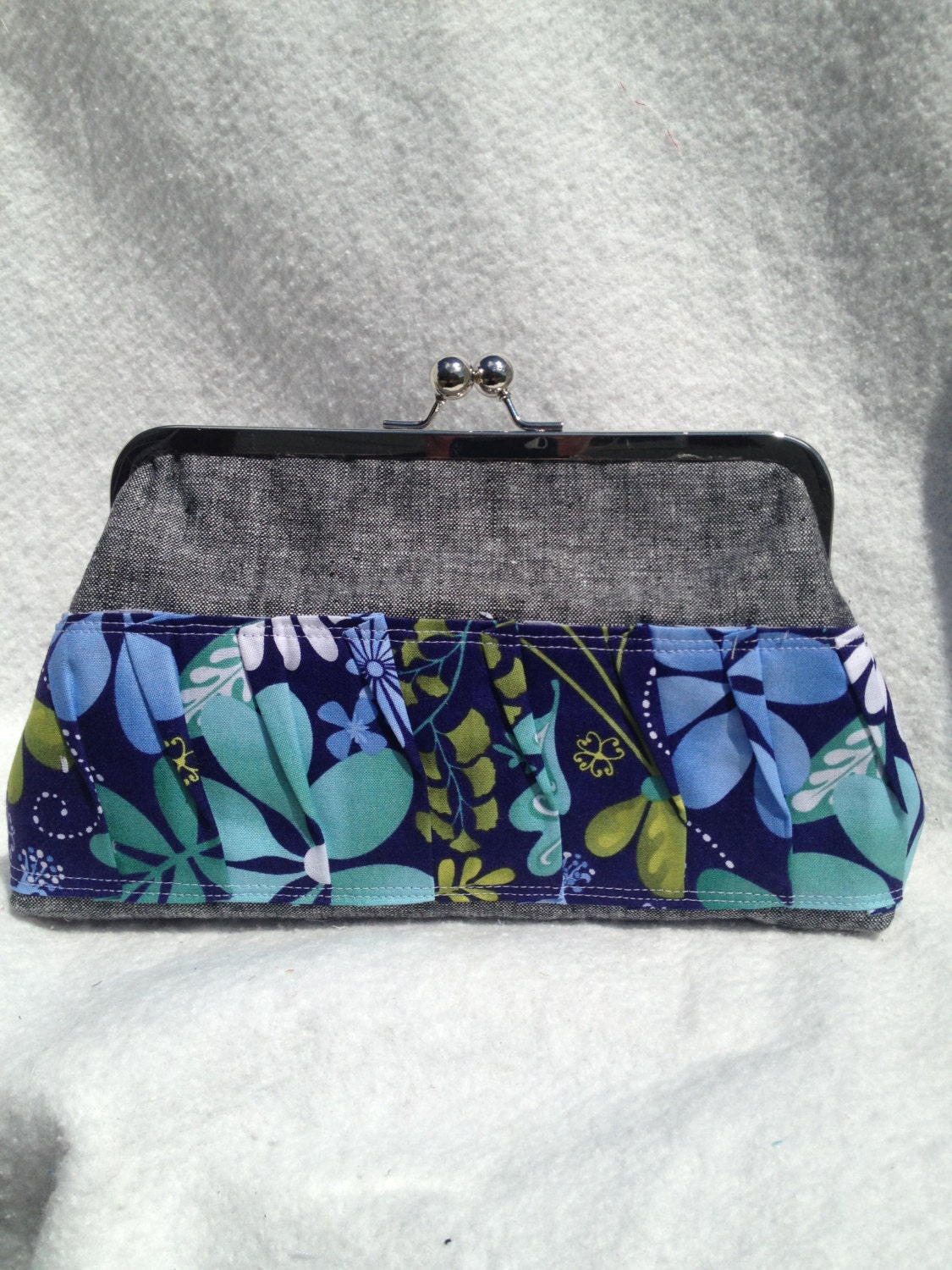 Black Essex Linen w/ Blue Floral Accent Clutch:Ready to Ship