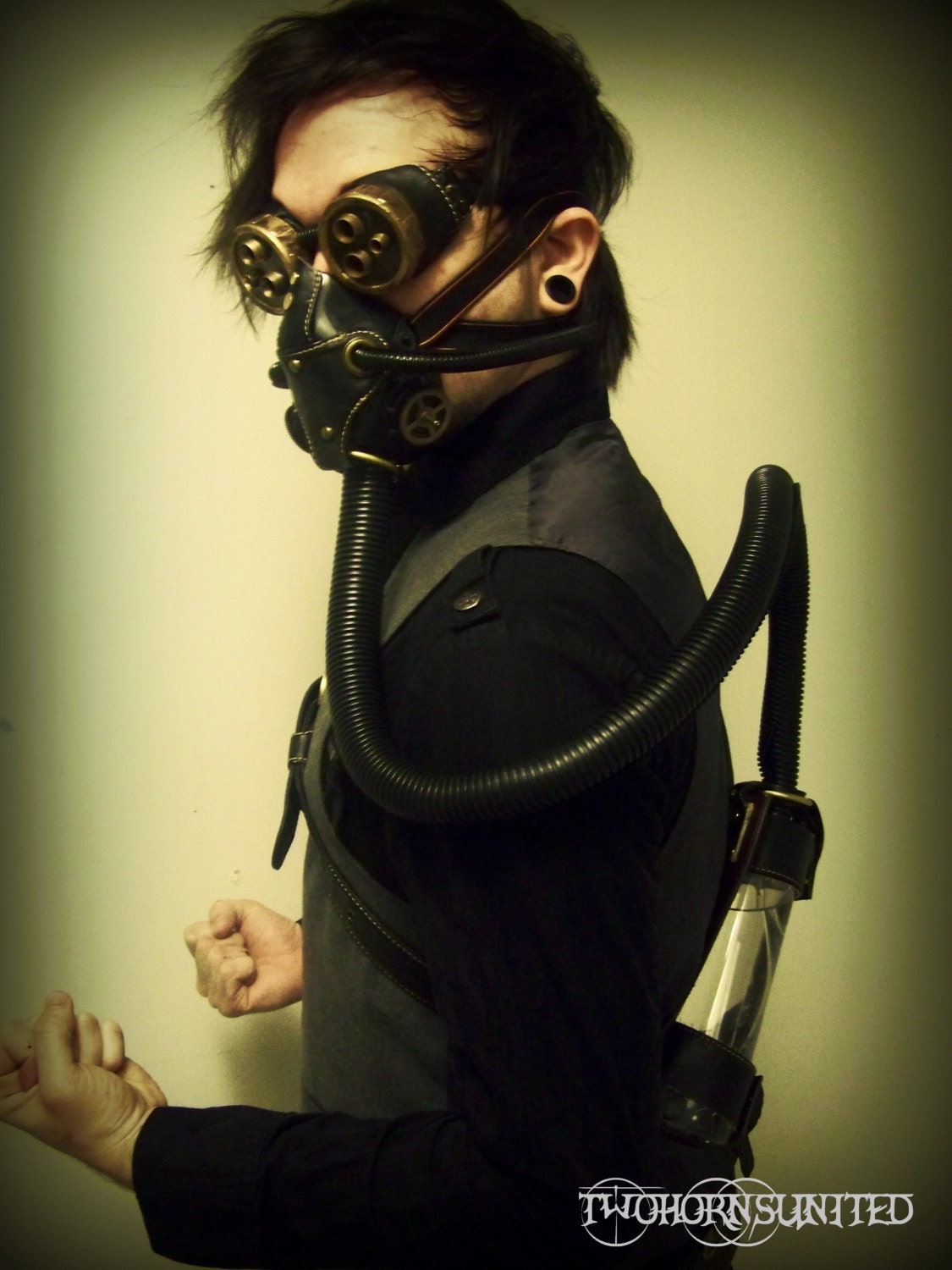Hydropunk Steampunk victorian respirator gas mask and goggles set with tank strap and refillable bottle
