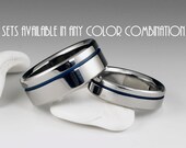 Titanium Wedding Band Set, Engagement, Promise or Anniversary Set with One Offset Blue Pinstripe