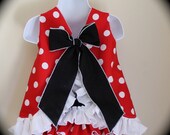 Mickey Mouse Inspired Open Back Ruffle Dress / Pinafore and ruffle bloomers, Polka Dot, Made to Order 3-6 months to 2-3T