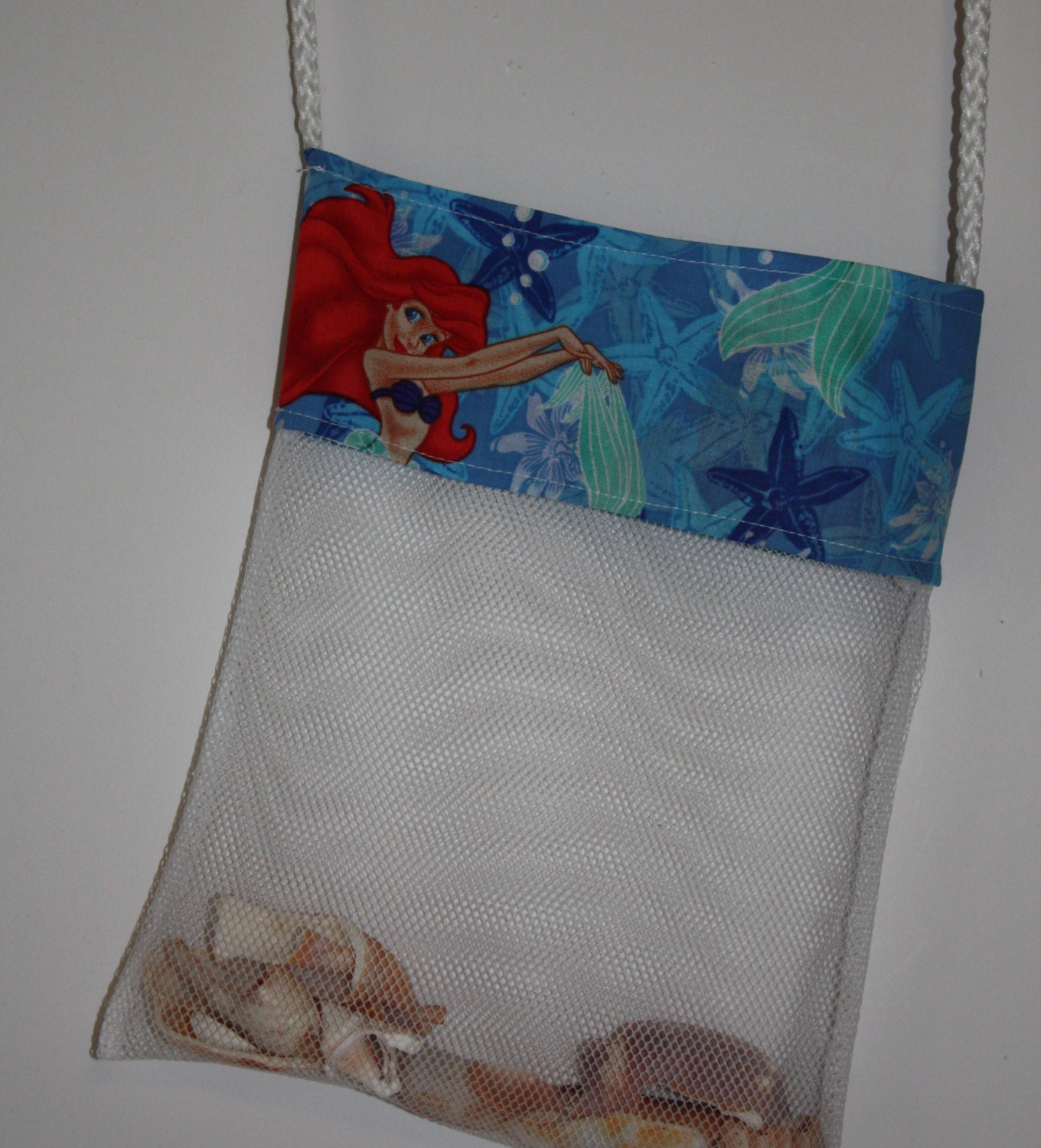 Shell Bag LITTLE MERMAID, Mesh Beach Bag, Shower Caddy, Sea shell collecting bag