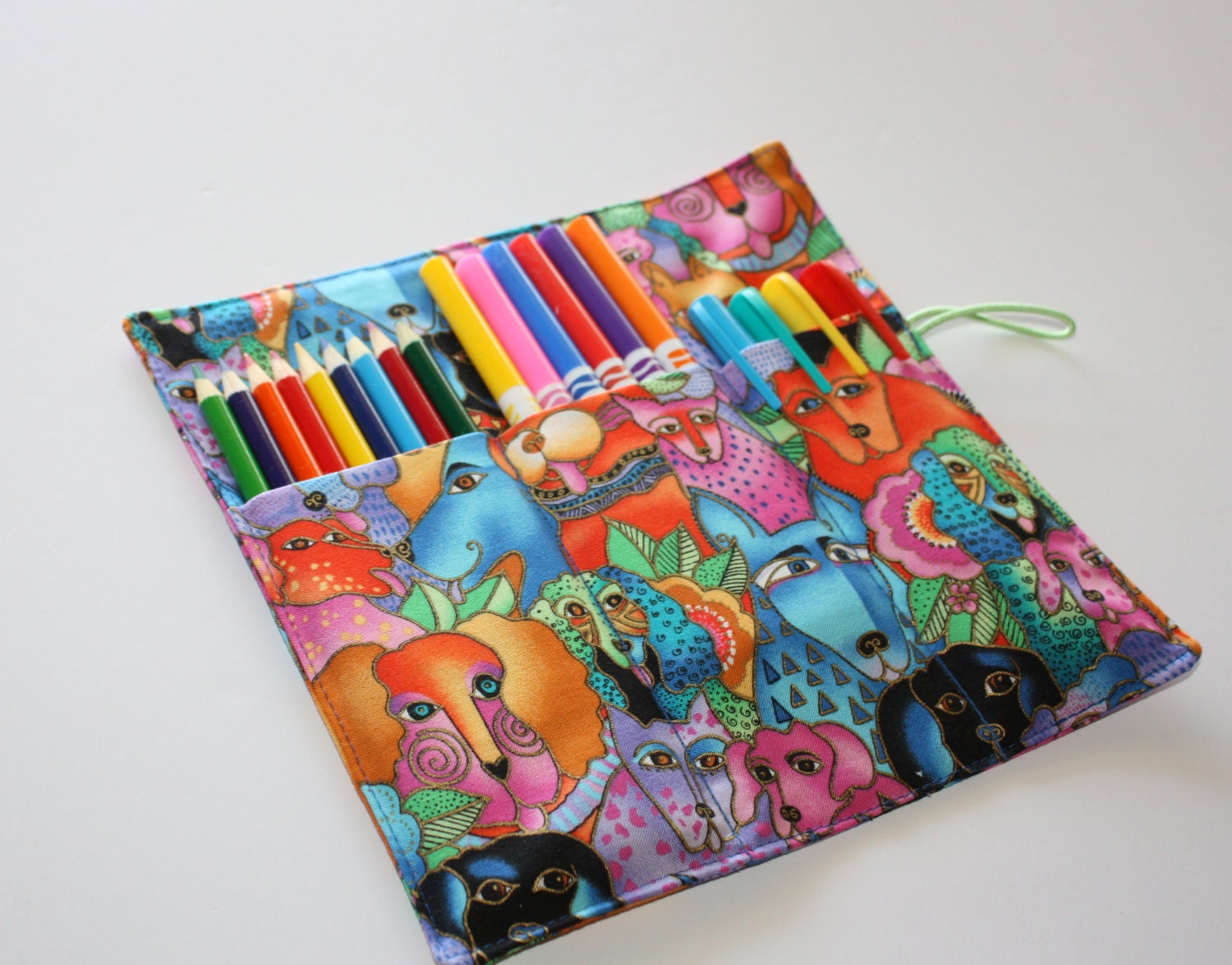 Colorful Pups Roll-Up Carrying Case for Pencils, Markers, Sharpies, Art Supplies Case Dogs Puppies Laurel Burch Canines and Felines Fabric