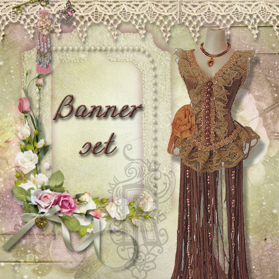 Shop Banner Avatar Blog Set 9 pieces and matching business card(printable)-dress form,lace,vintage,roses
