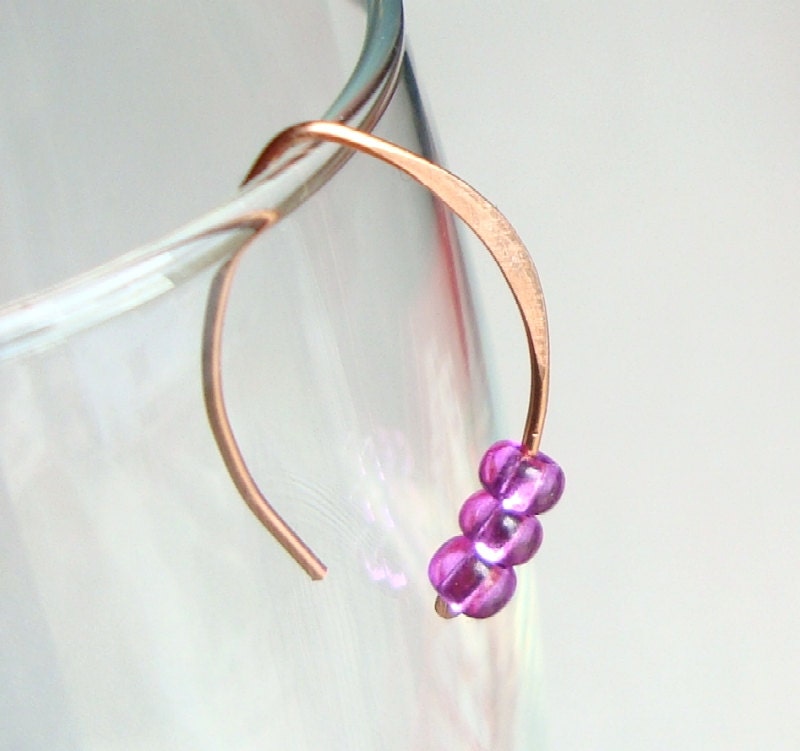 3 Pairs Copper Open Hoop Earrings - Summer Mix - Hand Forged Metalwork Ear Rings - Emerald Green, Fuchsia Pink & Amber Glass