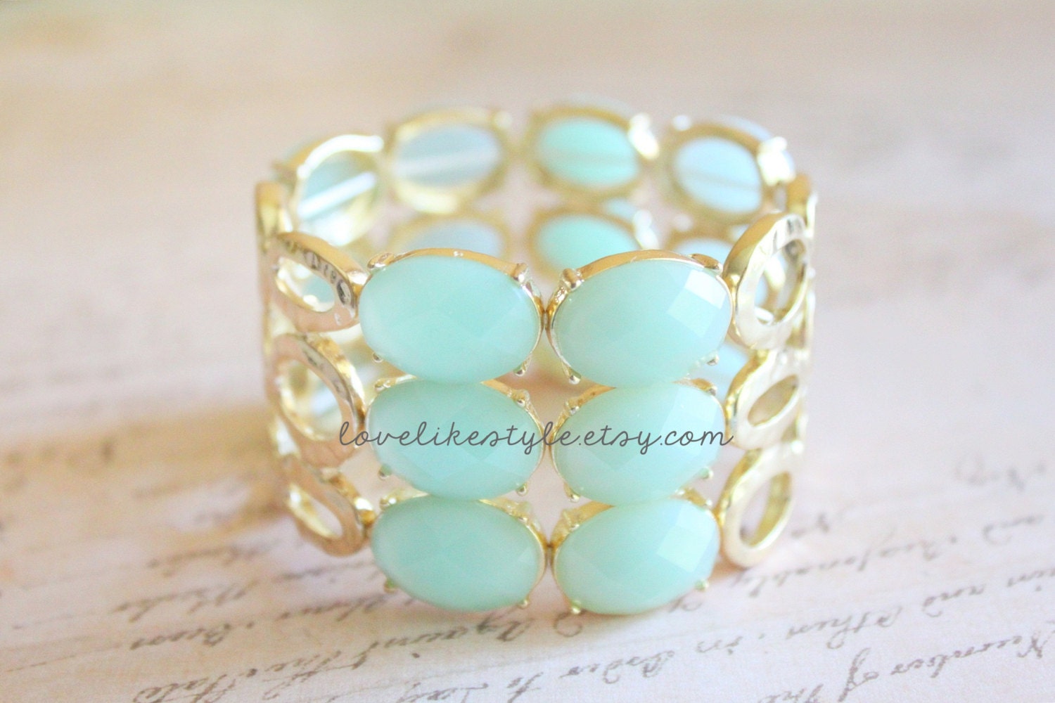 Mint Blue Stone and Hammered Gold Beads Statement Elastic Bracelet, Bridal Bracelet