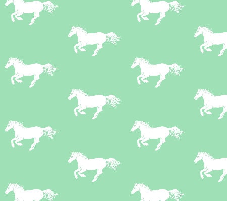 The White Pony on Mint, Equestrian Printed Cotton Fabric 1 yard