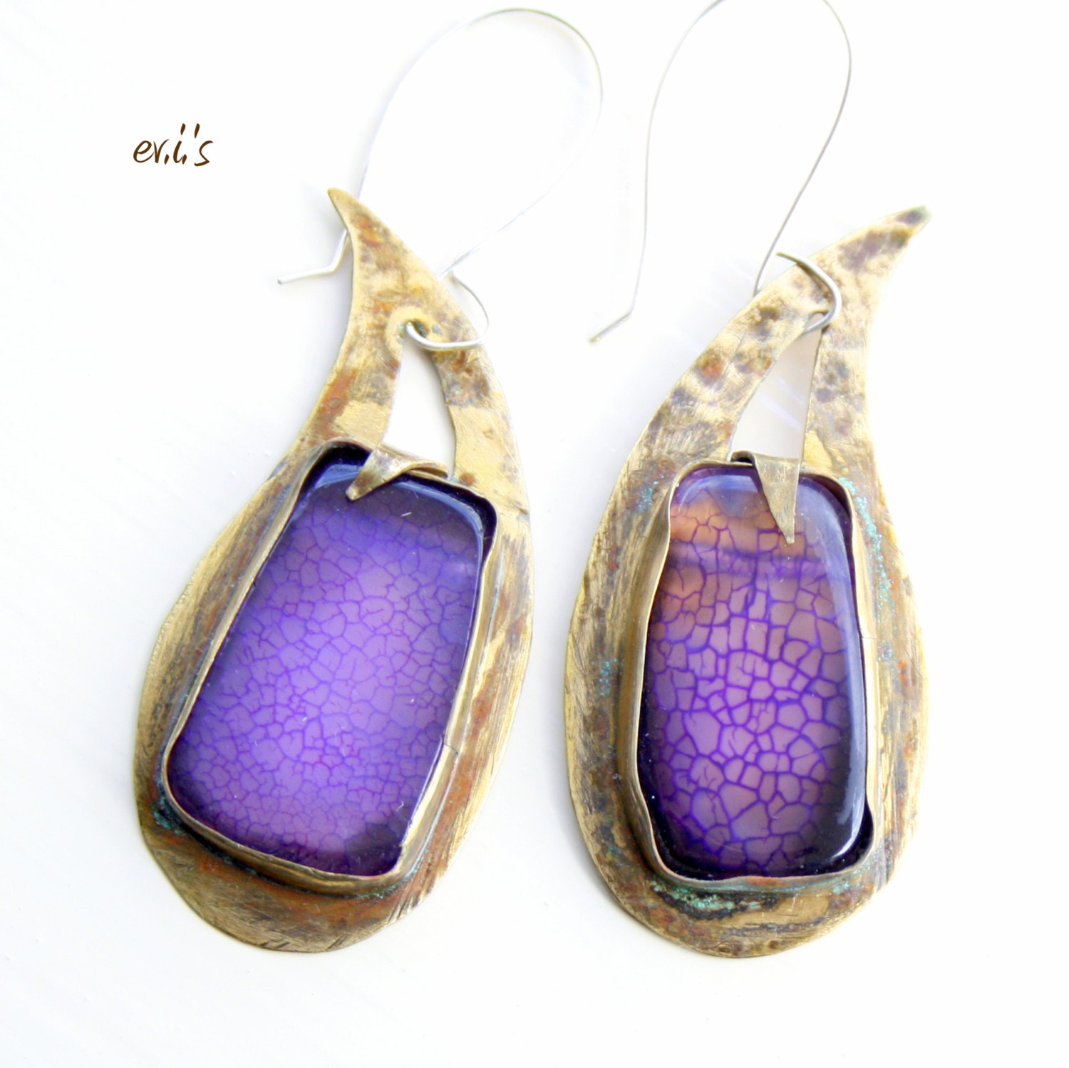 Handcrafted Eco Friendly Oxidized Brass Paisley Teardrop Metalwork Soldered Dangle Statement Drop Earrings with Purple Agate Gift for Her
