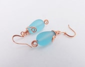 ON SALE Aqua Sea Glass Earrings, Copper, Wire Wrapped, Handmade by Lyrisgems