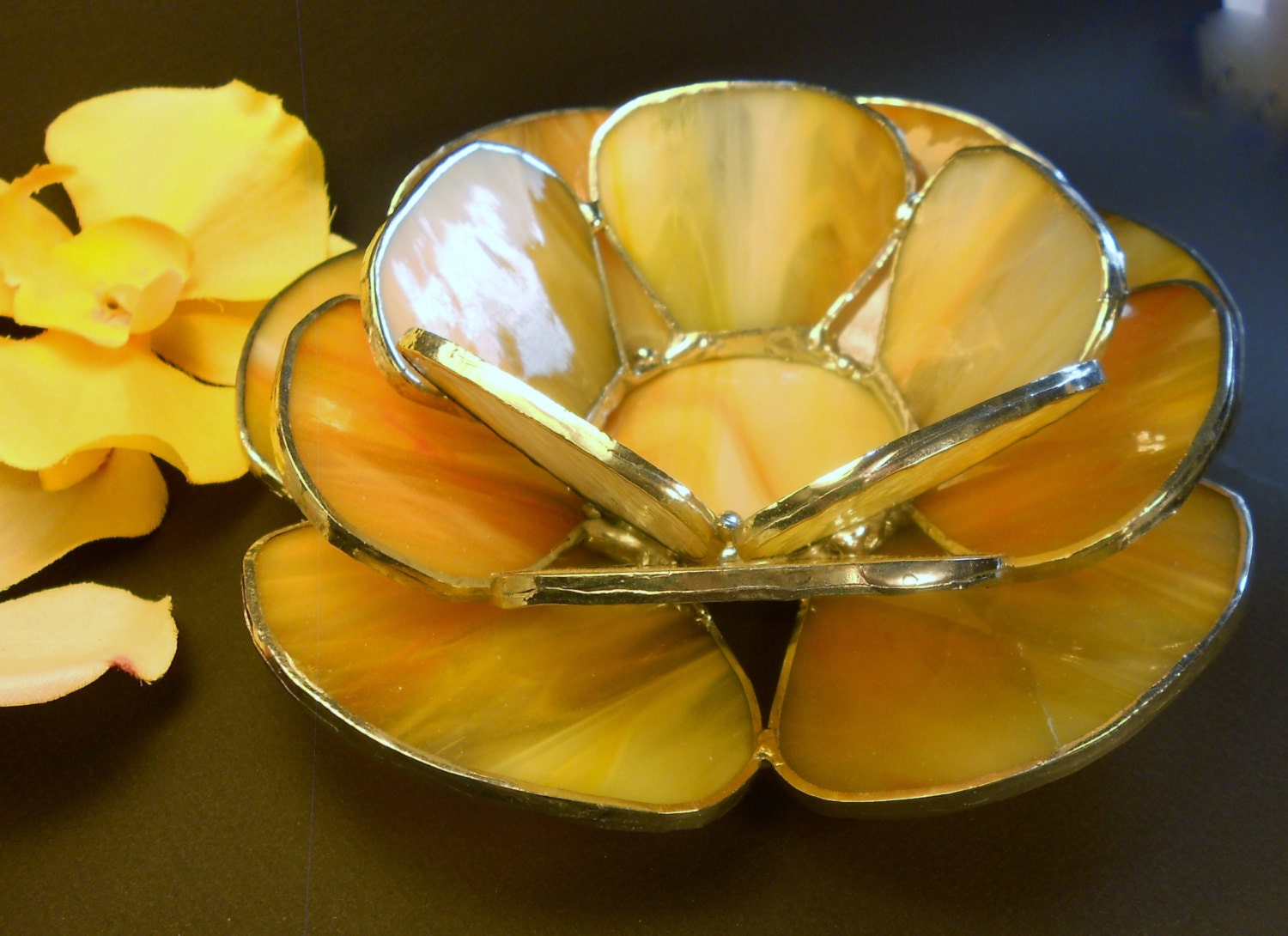 Amber Yellow Stained Glass Candle Holder.