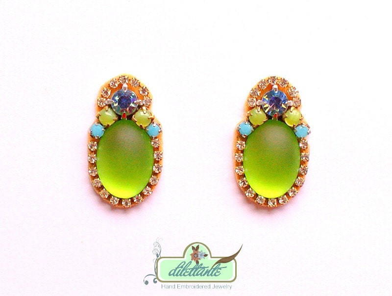 Crystal Earrings Swarovski- Rhinestones- Turquise -Green Lime Design- Statement Earrings