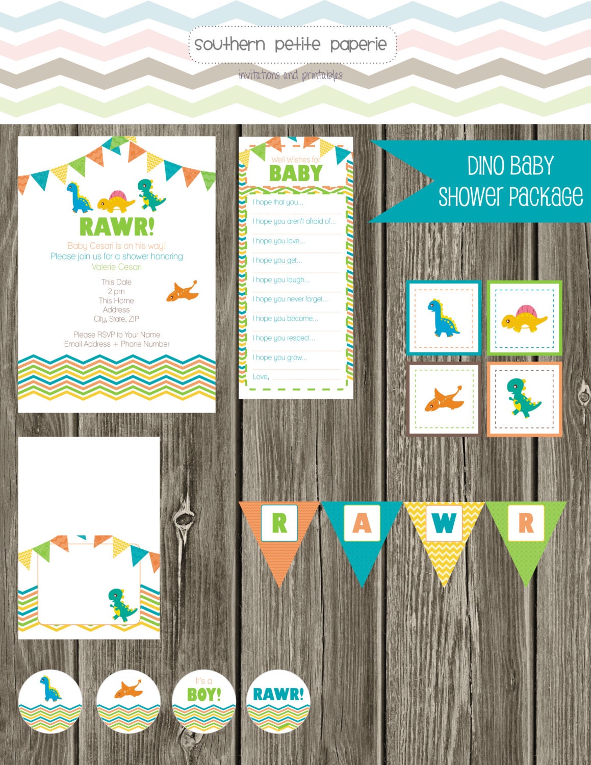 Custom Printable Dino Baby Shower Package