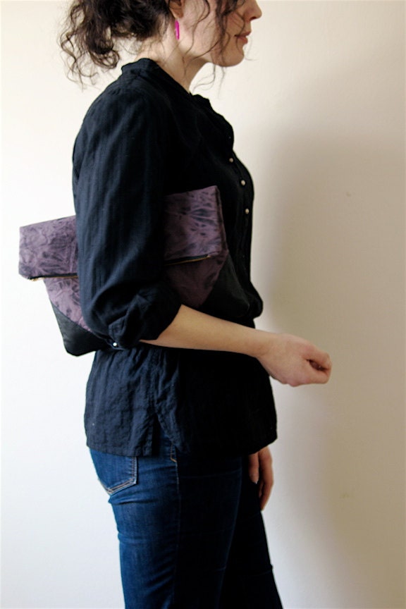 Fold Over Oversize Clutch Hand Tie Dyed  Shibori Black Purple