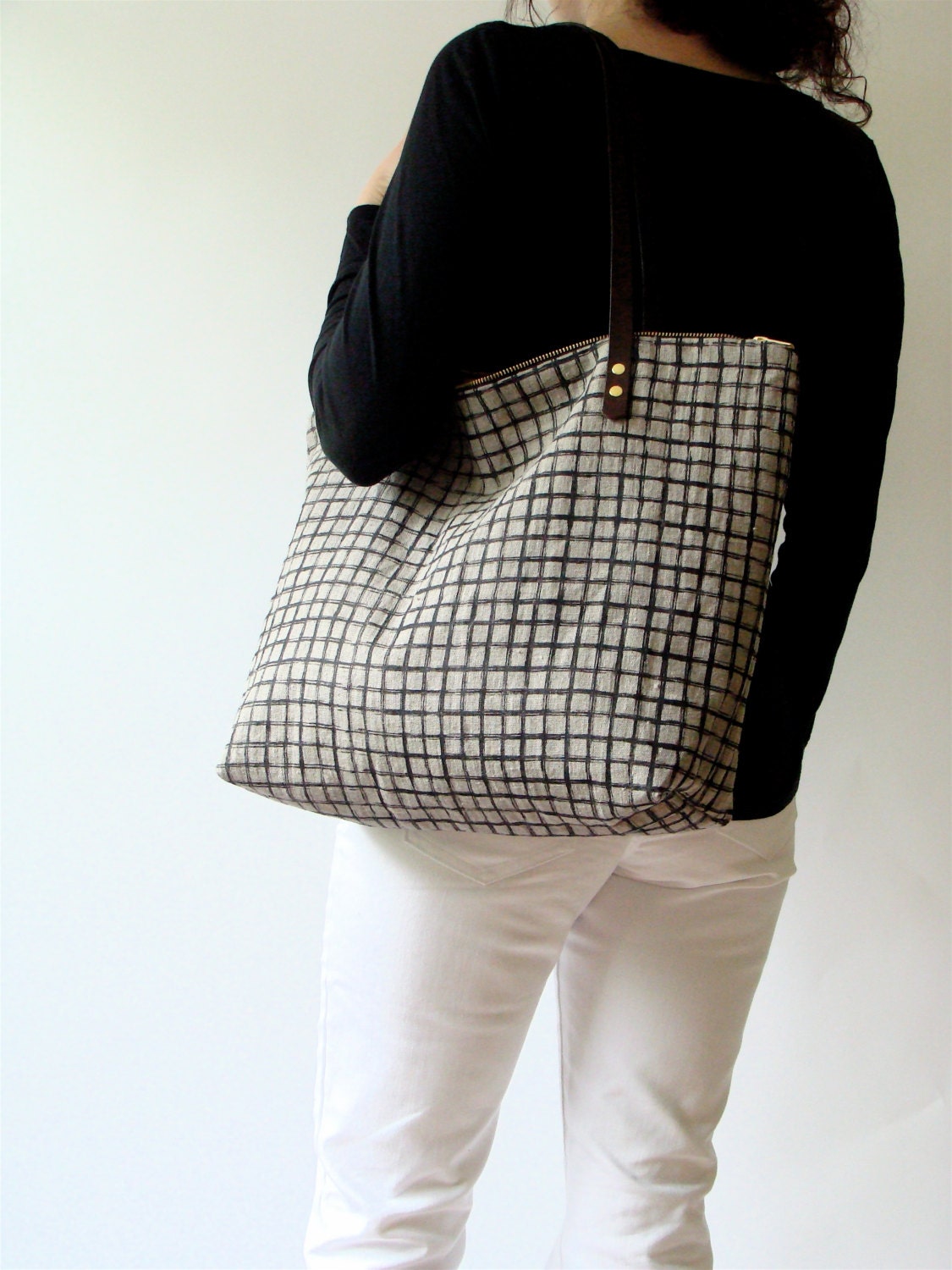 Linen Tote Bag Black Screen Print Grid Brown Leather Handles