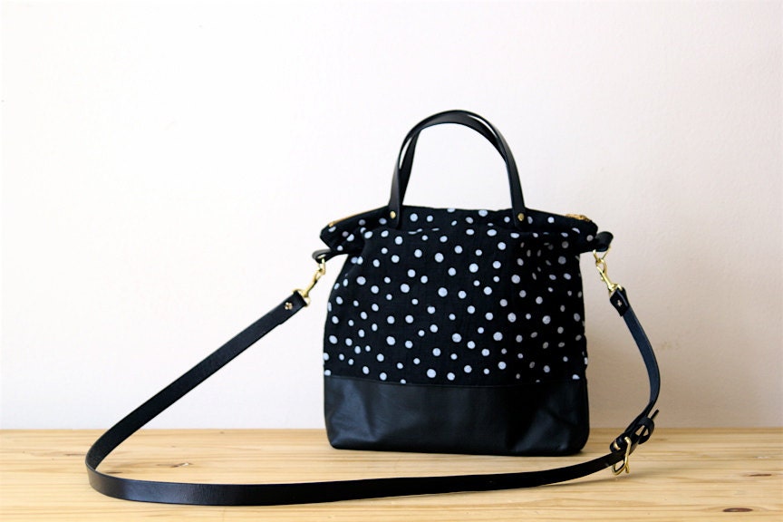 Over Shoulder Cross Body Bag Screen Printed Linen Black Leather Handles