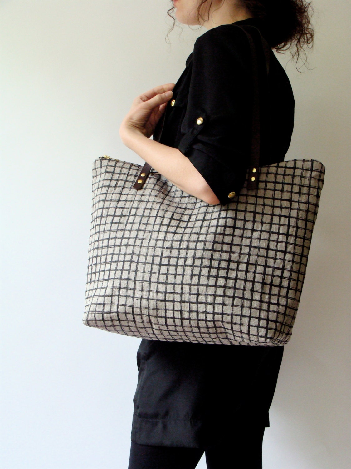 Linen Tote Bag Black Screen Print Grid Brown Leather Handles