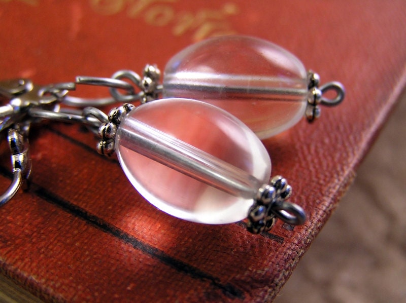 Clear glass bead earrings. silvertone lever-back dangles. Victorian style Handmade jewelry