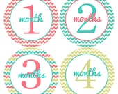 Baby Girl Monthly Onesie Stickers -  Girl Onesie Stickers - Baby Girl Chevron  - Coral and Aqua Chevron