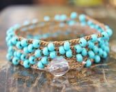 Crocheted Beaded  5 Wrap Bracelet - Boho Bohemian Shabby Chic