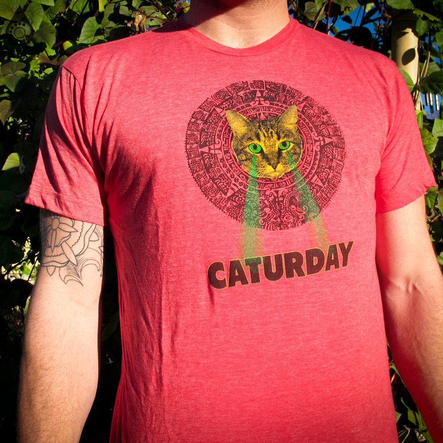 Mayan Laser Caturday Heather Red Tee with neon green laser eyes
