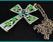 Vintage Cross Necklace Pendant Blue & Green Rhinestones Huge Gold Metal  4" VG