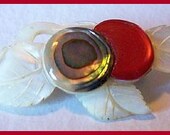 Vintage Brooch Pin MOP Abalone Shell Red Cabochon Bead 2 1/4" VG