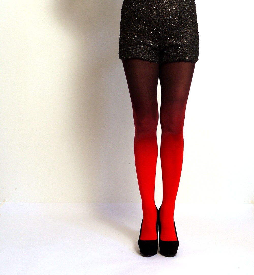 Ombre tights Fire Red and Black - hand dyed opaque tights. - xsilk
