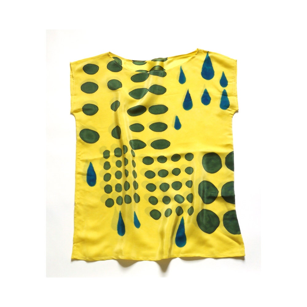 Sample sale // silk hand painted blouse.  DROPS on YELLOW. ready to ship
