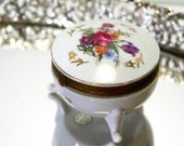 Vintage Round Porcelain Trinket Box with hand painted roses Hollywood Regency with Gold clasp and lid