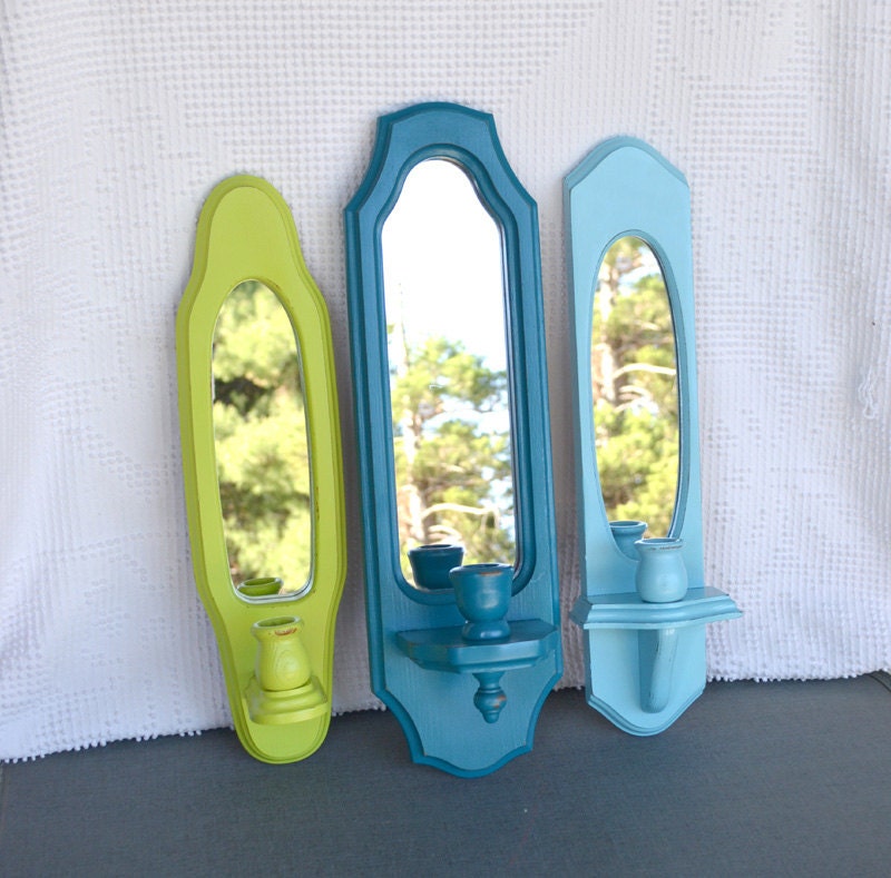 Lime Green Teal Turquoise Aqua Blue Shabby Mirror Candlesconces Beach Cottage Coastal Home Decor Upcycled wall modern candleholders set of 3